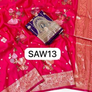SAW13
Soft Silk Floral Jaquard Weaving Fabric With Beautiful Colours And Contrast Heavy Bids Work Blouse